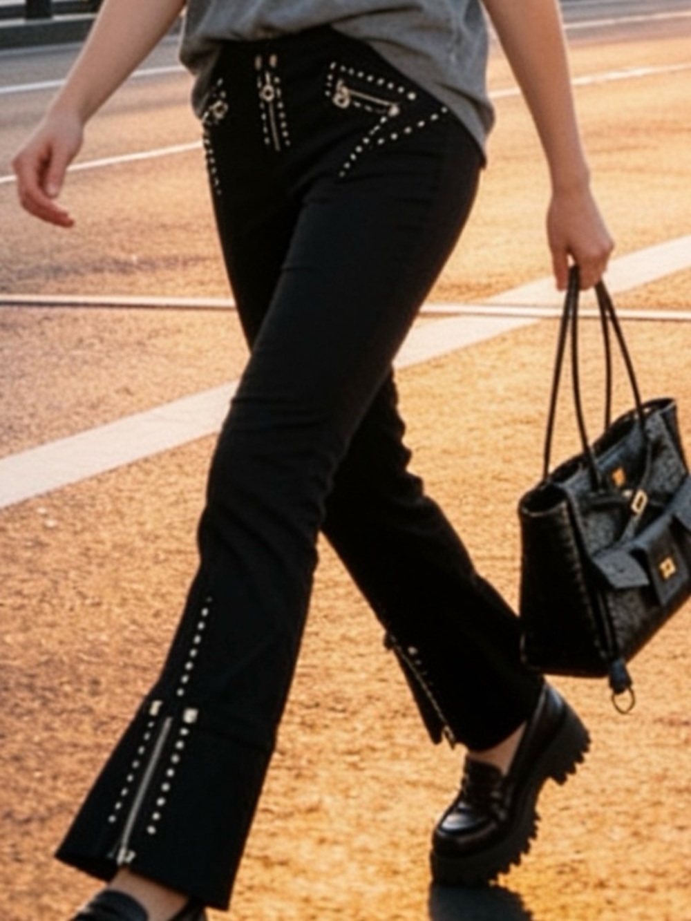 VENUS Black Studded Capri Pants with Studs, Rhinestones Zipper Accents